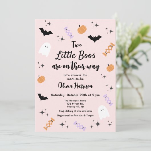Tweeling Roze Kleine Boo Halloween Baby shower Kaart (Staand voorkant)