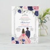 Tweeling Roze & Navy Blauwe Bloemen Zilver Quincea Kaart (Staand voorkant)