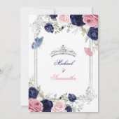 Tweeling Roze & Navy Blauwe Bloemen Zilver Quincea Kaart (Achterkant)