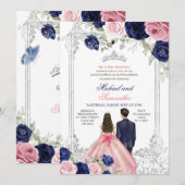 Tweeling Roze & Navy Blauwe Bloemen Zilver Quincea Kaart (Voorkant / Achterkant)