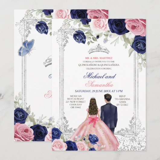 Tweeling Roze & Navy Blauwe Bloemen Zilver Quincea Kaart (Voorkant / Achterkant)