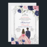 Tweeling Roze & Navy Blauwe Bloemen Zilver Quincea Kaart<br><div class="desc">EDITABLE Twins Roze & Navy Blauwe Bloemen Zilver Quinceañera Uitnodiging Elegante Prins en Prinses 15 Años,  Zilveren Kroon Royal Twins Nodig Mis Qunce,  Quinceañero Uitnodiging</div>