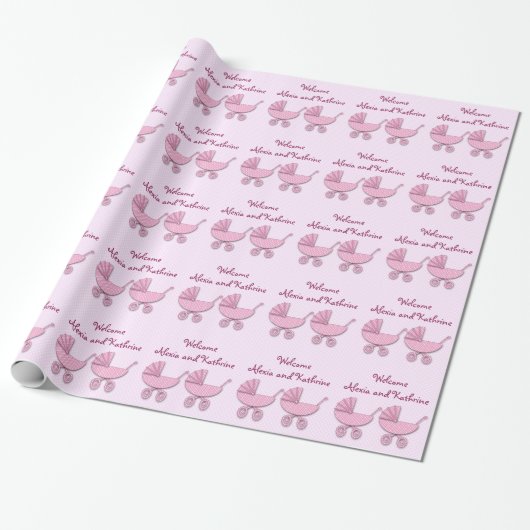 Tweeling roze polka dots baby kinderwagens cadeaupapier (Uitgerold)
