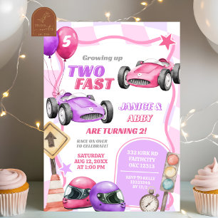 Tweeling Roze Raceauto Twee Snel Meisje 2e Verjaar Kaart