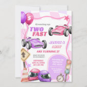 Tweeling Roze Racing Car Twee Fast Girl 2e verjaar Kaart (Voorkant)