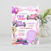 Tweeling Roze Racing Car Twee Fast Girl 2e verjaar Kaart (Staand voorkant)