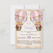 Tweeling Roze Teddy Bear Hete Luchtballon Baby sho Kaart (Voorkant)
