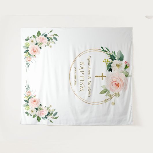 Tweeling Roze Witte Bloem Doop Gouden Foto Prop Wandkleed (Voorkant (horizontaal))