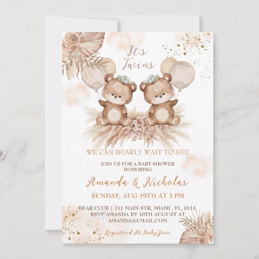 Tweeling Schattige Boho Beer Babyshower Kaart (Voorkant)