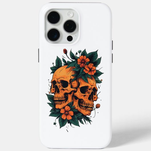 Tweeling schedels met oranje bloemen Gotisch Case-Mate iPhone Case (Achterkant)