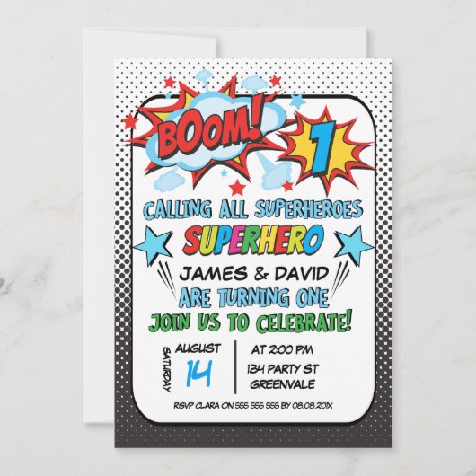 Tweeling Superheld 1e verjaardag Uitnodiging (Voorkant)