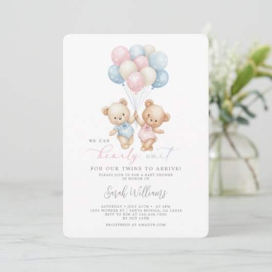 Tweeling Teddy Bear Boy en Meisje Baby shower Kaart (Staand voorkant)