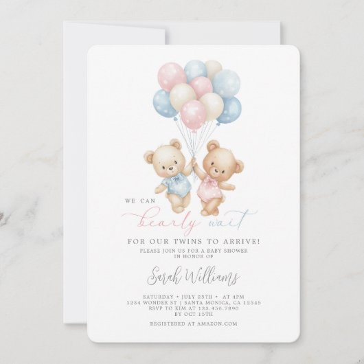 Tweeling Teddy Bear Boy en Meisje Baby shower Kaart (Voorkant)