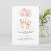 Tweeling Teddybeer Babyshower Meisje Uitnodiging (Staand voorkant)