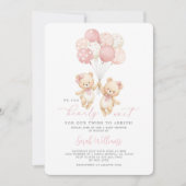 Tweeling Teddybeer Babyshower Meisje Uitnodiging (Voorkant)
