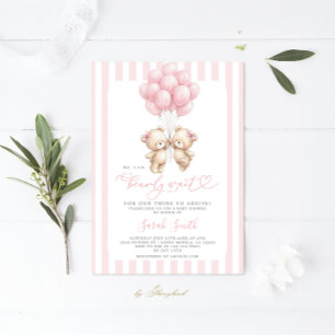 Tweeling Teddybeer Babyshower Meisje Uitnodiging