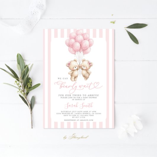 Tweeling Teddybeer Babyshower Meisje Uitnodiging
