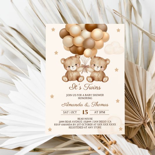 Tweeling Teddybeer Neutraal Ballon Baby shower Kaart