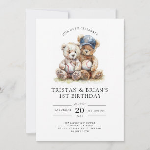 Tweeling teddybeer watercolor 1e verjaardag jongen kaart