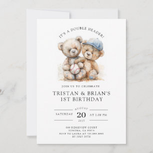 Tweeling teddybeer waterverf jongens 1e verjaardag kaart