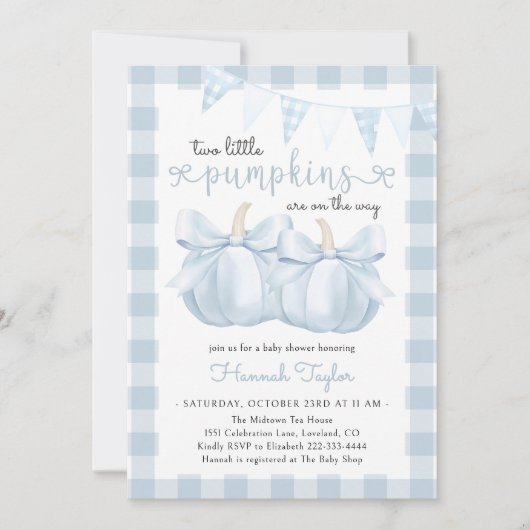 Tweeling Twee kleine pompoenen Blauwe strik Baby s Kaart (Voorkant)