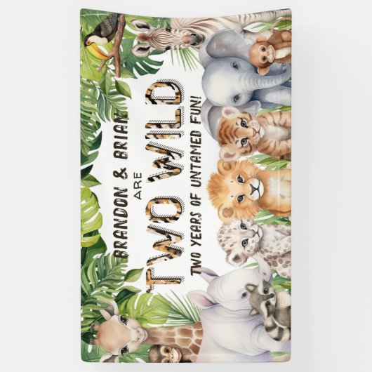 Tweeling Twee wilde Oerwoud Dier 2e verjaardag Ach Spandoek (Verticaal)