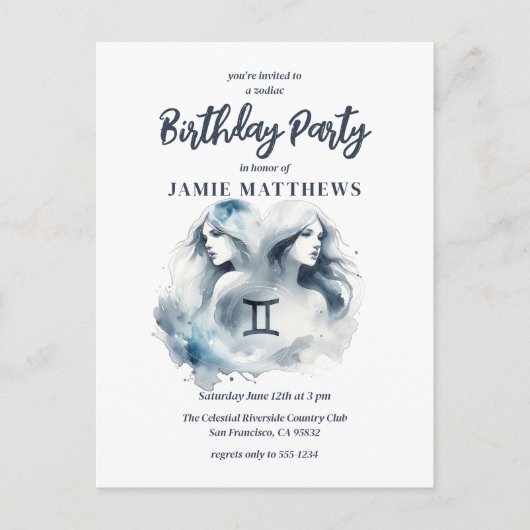 Tweeling Tweeling Zodiac Theme Verjaardagsfeest Uitnodiging Briefkaart (Voorkant)