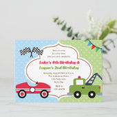 Tweeling Uitnodigingen Jongen Verjaardag Race Auto (Staand voorkant)