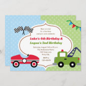Tweeling Uitnodigingen Jongen Verjaardag Race Auto (Voorkant / Achterkant)