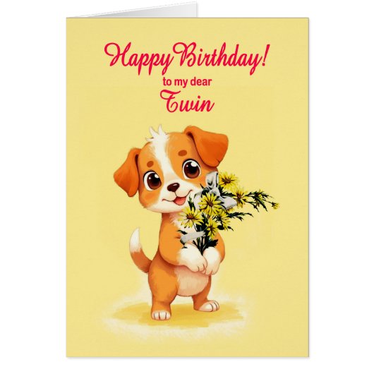 Tweeling Verjaardag Puppy en bloemen (Voorkant)