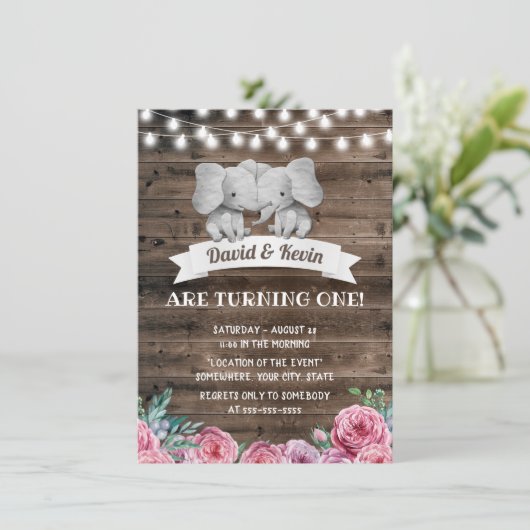 Tweeling Verjaardag Schattigee Olifant  Bloemen Kaart (Staand voorkant)