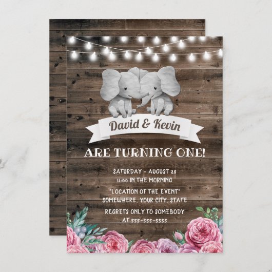 Tweeling Verjaardag Schattigee Olifant  Bloemen Kaart (Voorkant / Achterkant)