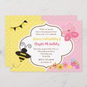 Tweeling Verjaardag Uitnodigingen Bijenvlindertuin (Voorkant / Achterkant)