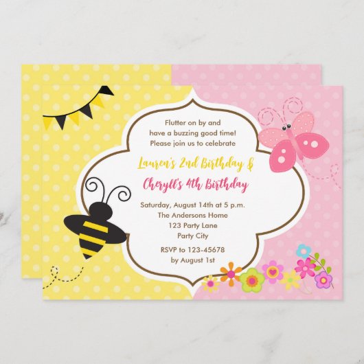 Tweeling Verjaardag Uitnodigingen Bijenvlindertuin (Voorkant / Achterkant)