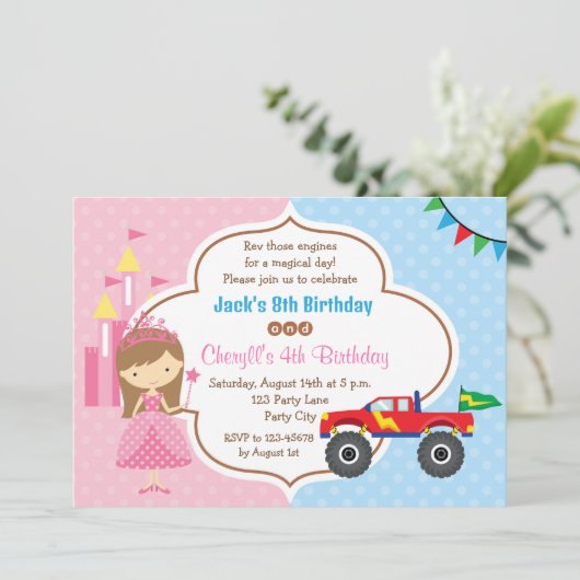 Tweeling Verjaardag Uitnodigingen Prinses Monster (Staand voorkant)