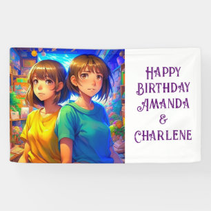 Tweeling Verjaardagsbanner Anime Thema Spandoek