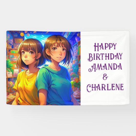 Tweeling Verjaardagsbanner Anime Thema Spandoek (Horizontaal)