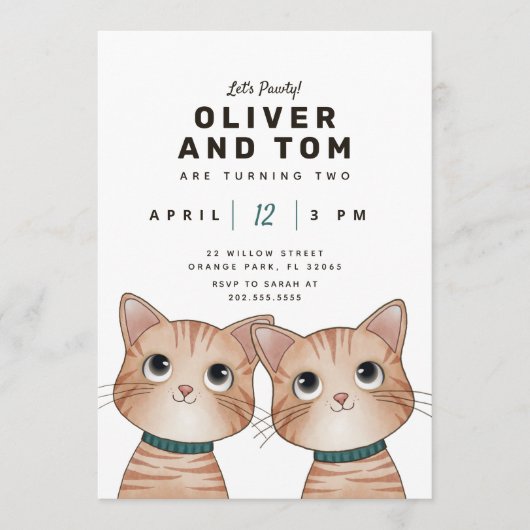 Tweeling verjaardagsfeest met twee schattige kitte kaart (Voorkant)