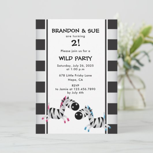 Tweeling Verjaardagsfeest Roze en Blauwe Zebra's Kaart (Staand voorkant)