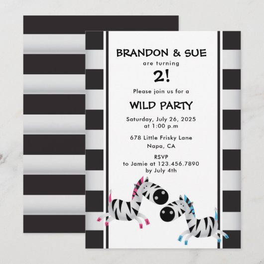 Tweeling Verjaardagsfeest Roze en Blauwe Zebra's Kaart (Voorkant / Achterkant)