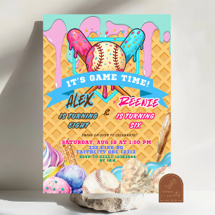 Tweeling verjaardagsfeestje honkbal ijs druppel kaart
