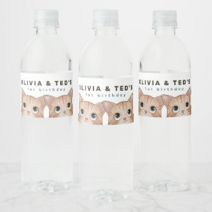 Tweeling verjaardagsfeestje met lovende katjes waterfles etiket