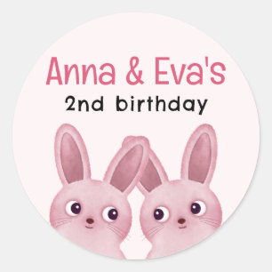 Tweeling Verjaardagsfeestje met Roze Baby Konijnen Ronde Sticker