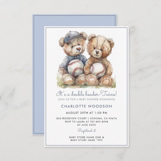 Tweeling Watercolor Teddys Kaart (Voorkant / Achterkant)