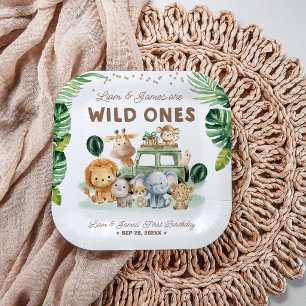 Tweeling Wild One 1e verjaardag Safari Dieren Papieren Bordje