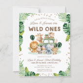 Tweeling Wild One 1e verjaardag uitnodiging binnen (Voorkant)