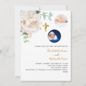 Tweeling wit bloemenfoto geslacht neutraal doopsel kaart (Voorkant)