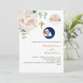 Tweeling wit bloemenfoto geslacht neutraal doopsel kaart (Staand voorkant)