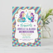 Tweeling Zeemeermin Verjaardag Uitnodiging Meisjes (Staand voorkant)