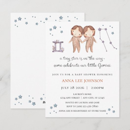 Tweeling Zodiac Baby Shower Uitnodiging (Voorkant / Achterkant)